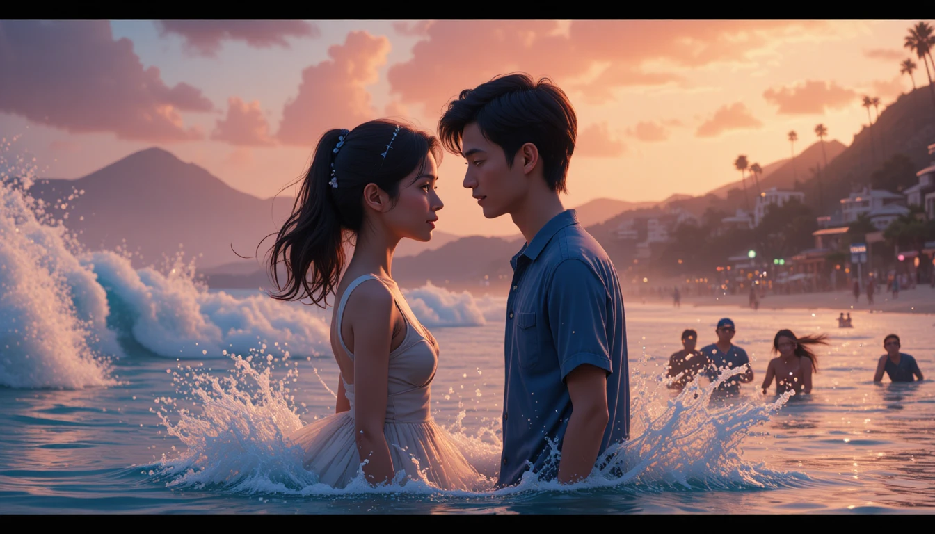 Joven pareja compartiendo un momento tierno entre las olas del mar
