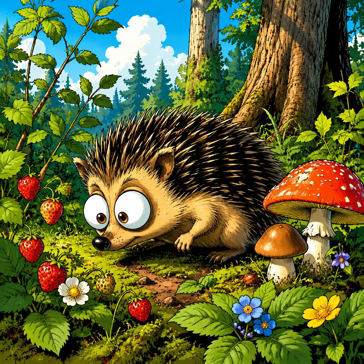 Ouriço-cartoon de olhos grandes em uma floresta ensolarada