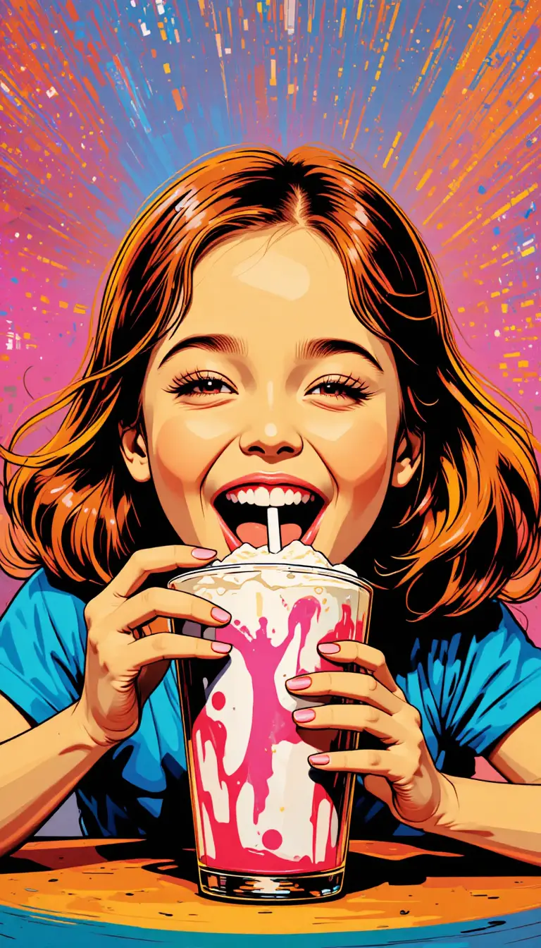 Ragazza gioiosa che divora un frappè in un audace stile pop art