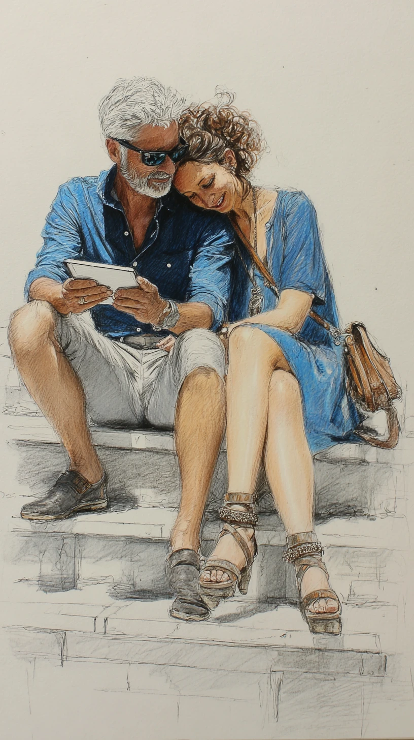 돌계단에 앉은 다정한 커플 색연필 그림