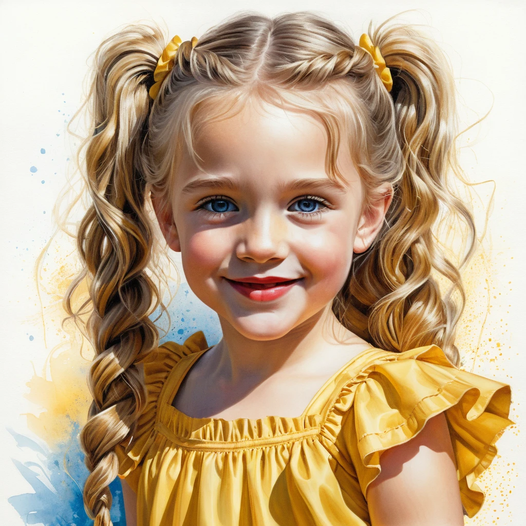 Smiling blonde girl in yellow ruffled summer dress portrait