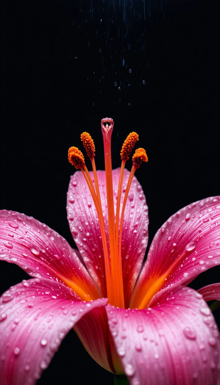 Primer plano de lirio rosa y naranja con gotas de agua