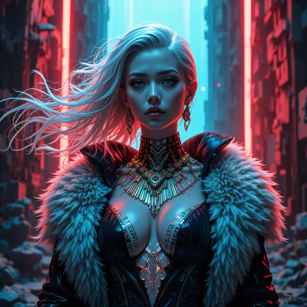 Ritratto di imperatrice cibernetica con illuminazione da studio neon noir