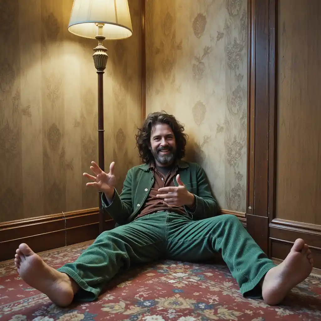 Older musician sits on a hotel room floor under a lamp