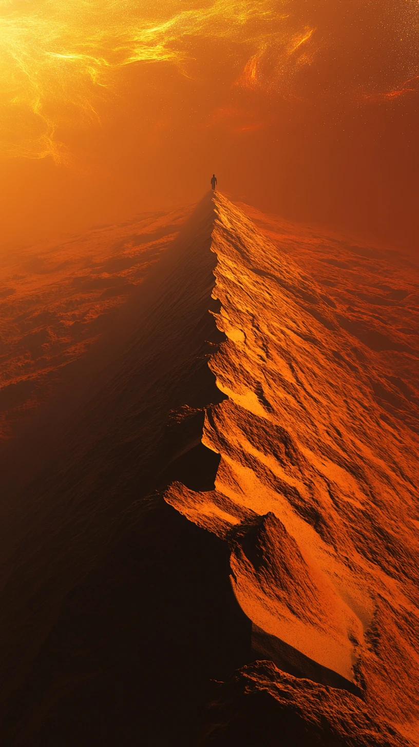 Lone figure atop glowing desert dune at cosmic sunset