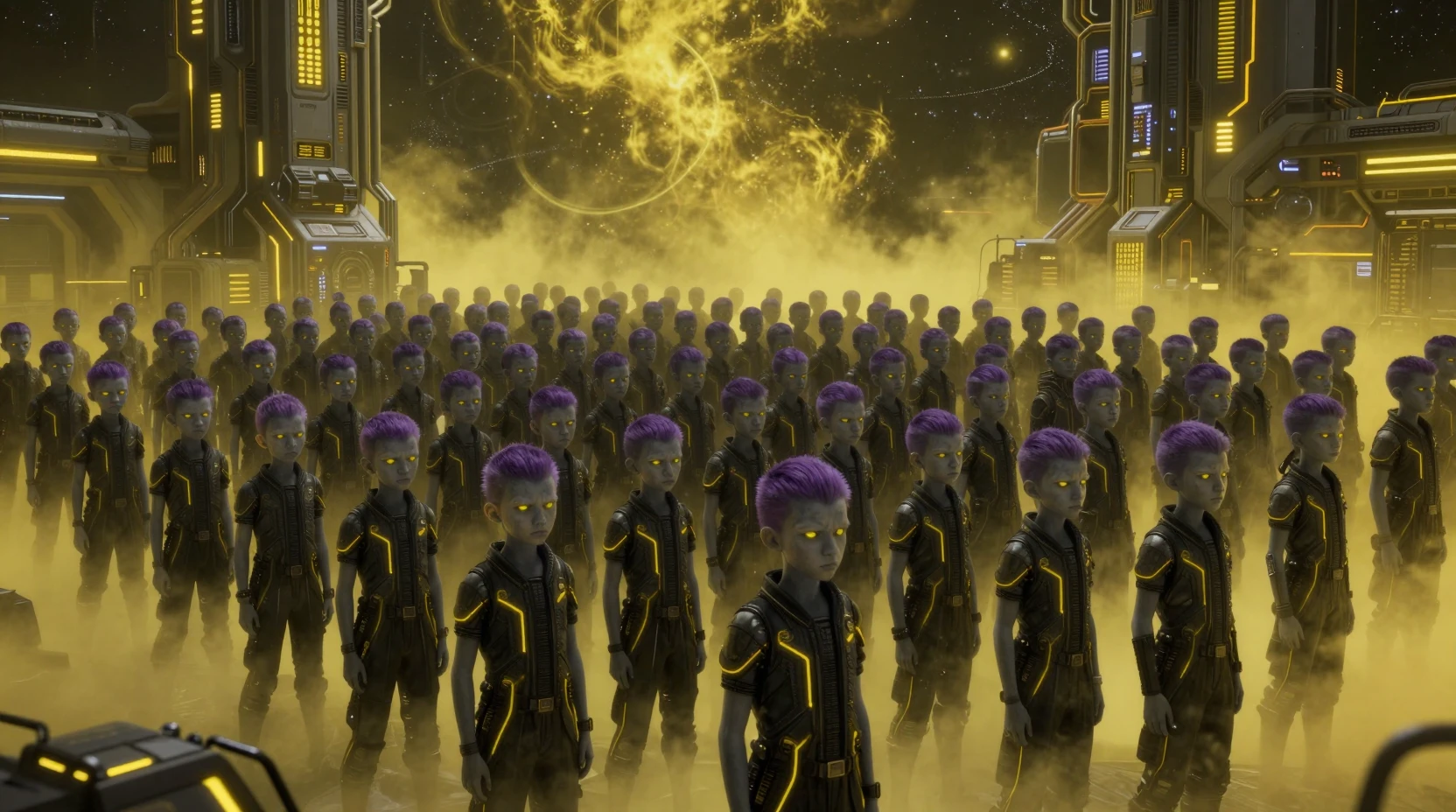 Vaste armée de garçons adolescents à la peau grise sous un ciel jaune néon