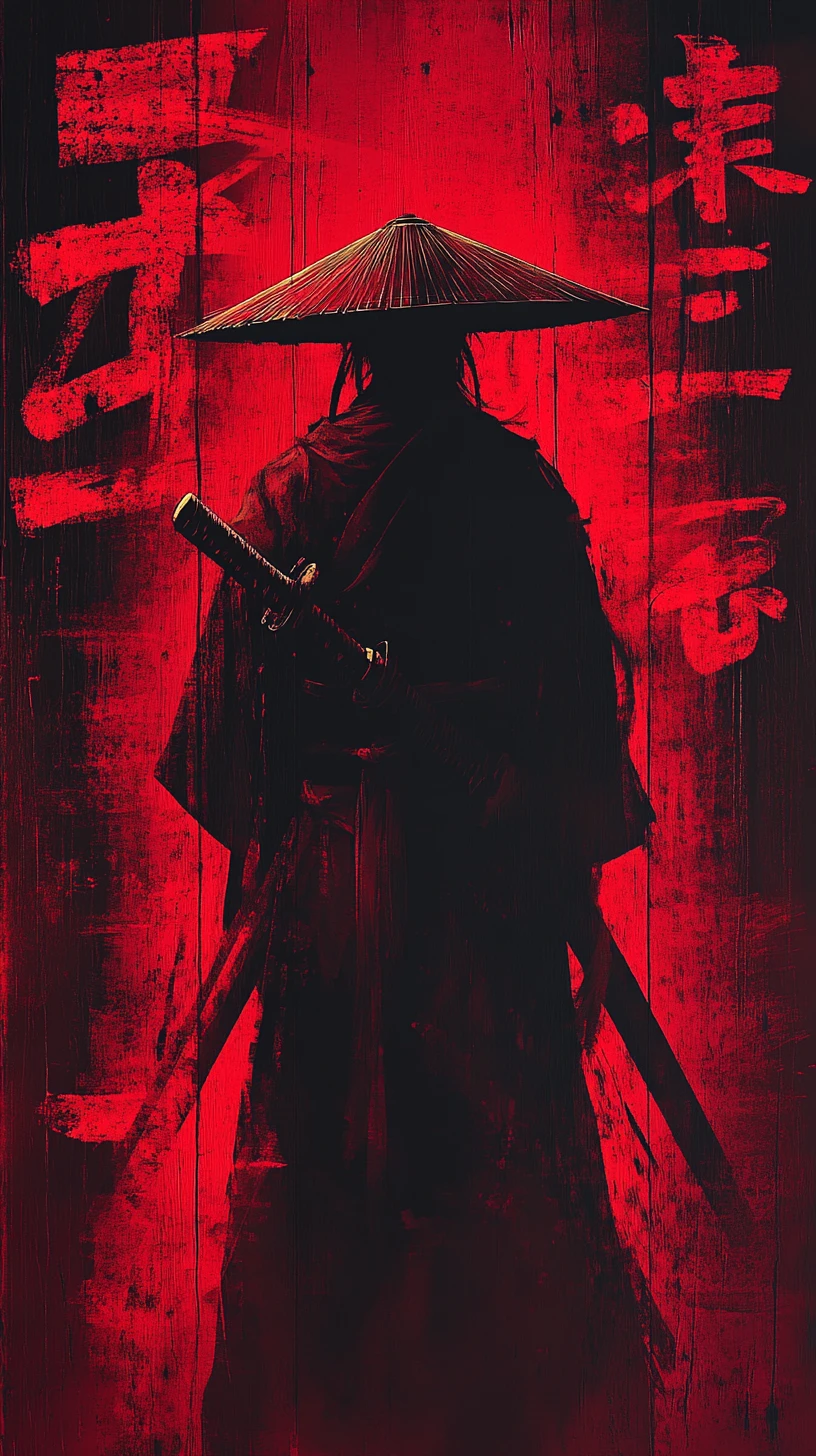 Samurai em silhueta sob luz vermelha diante de parede com kanji