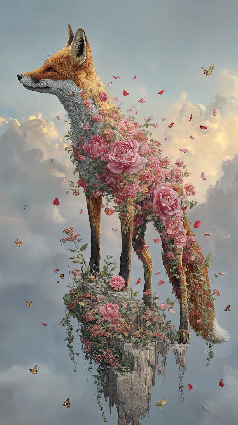 Raposa surreal de flores em uma paisagem de sonho fraturada