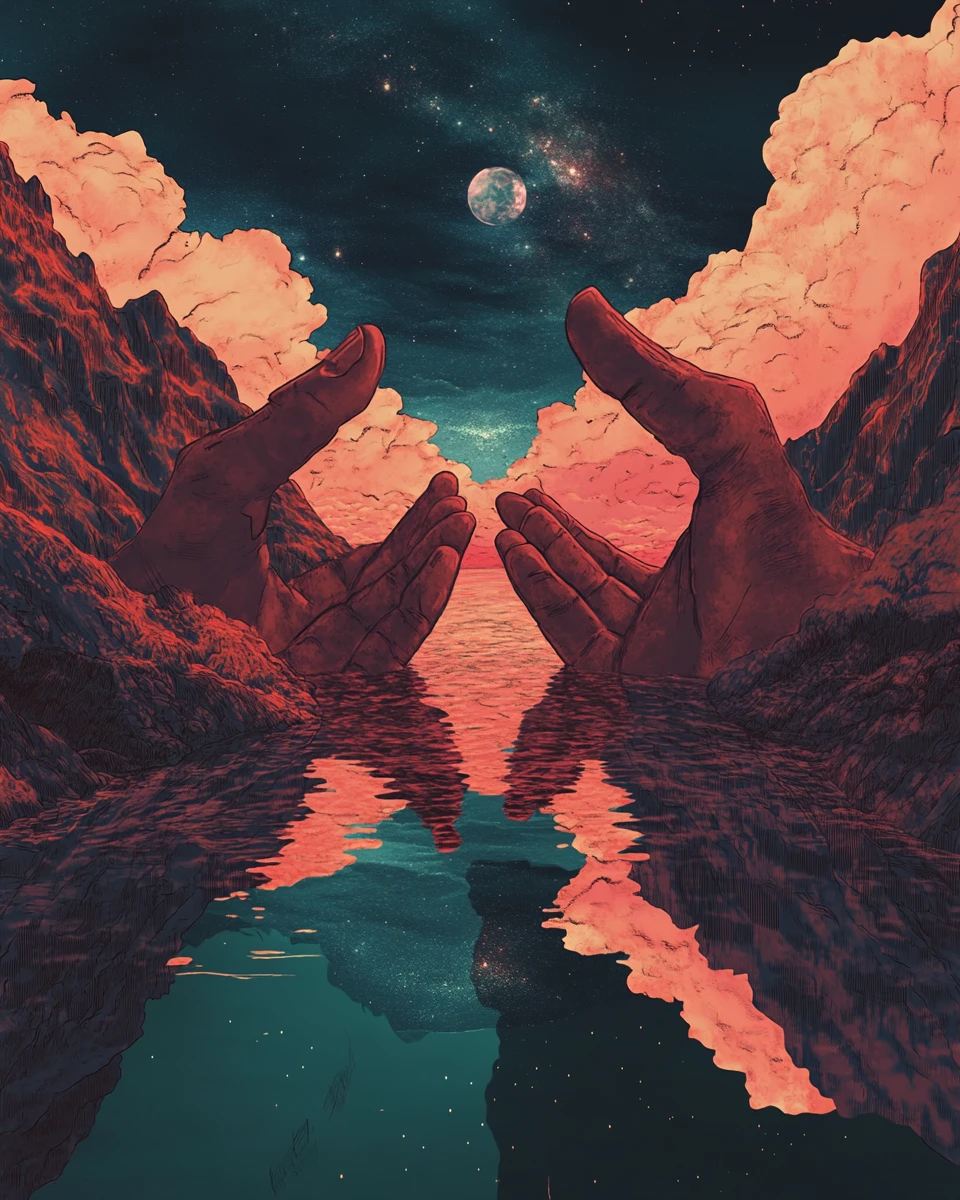 Ilustração digital surreal de um casal sob o céu noturno
