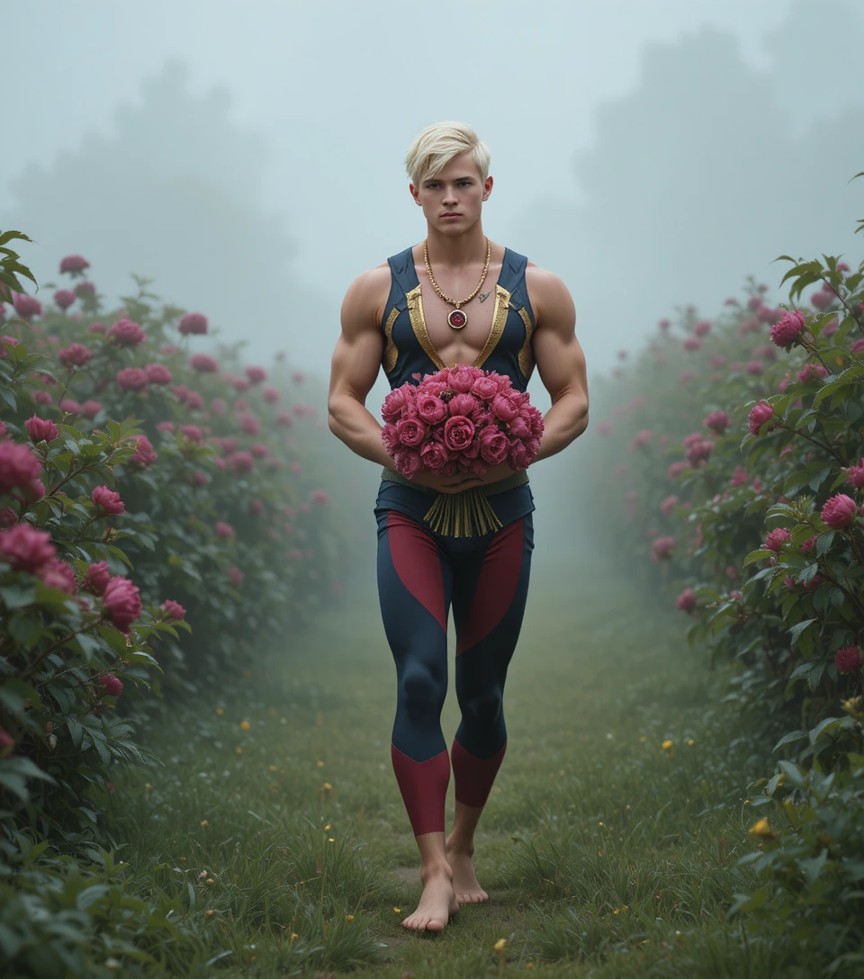 Jeune homme pieds nus marchant dans un champ de fleurs embrumé