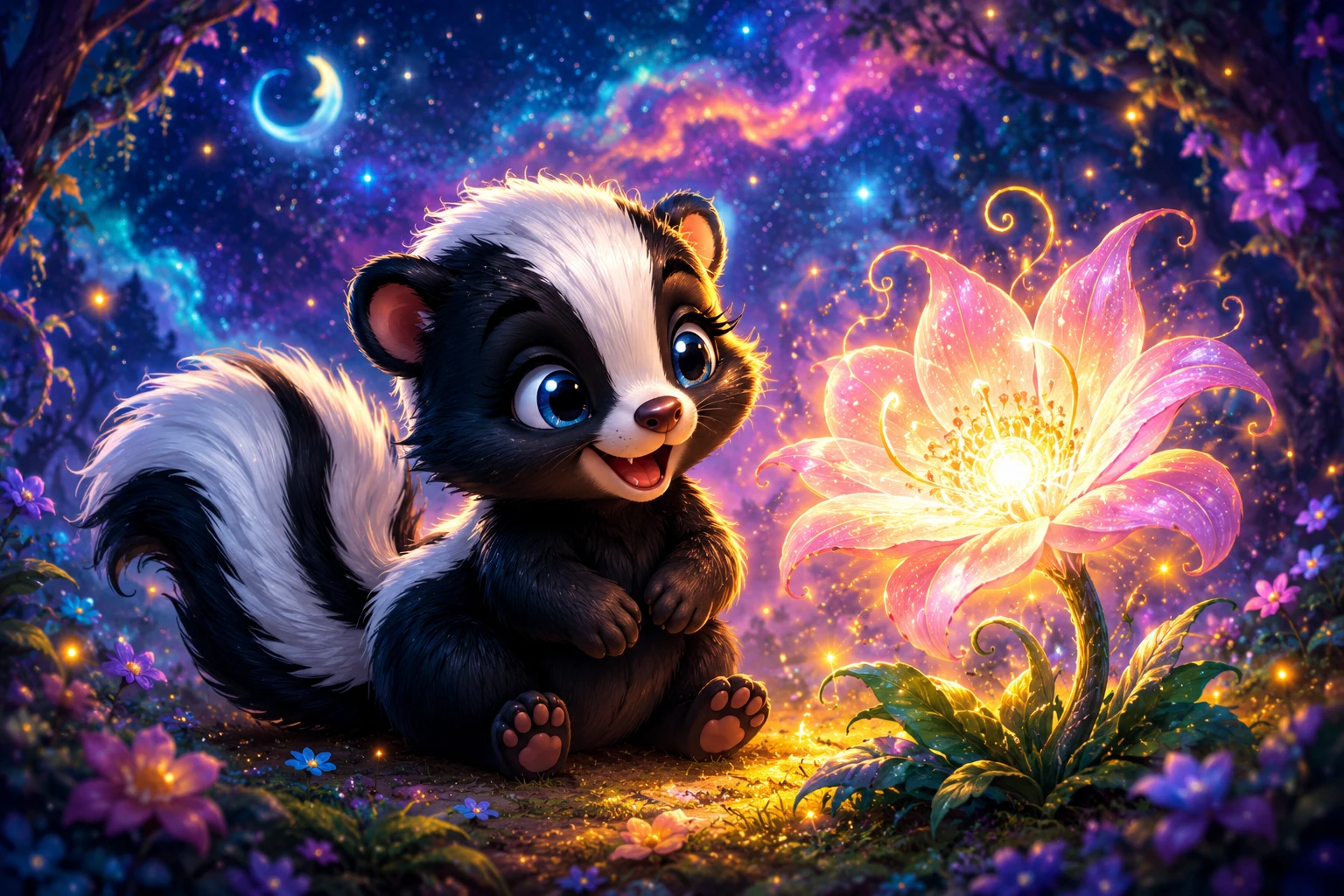 可愛小臭鼬與魔法發光花朵插畫