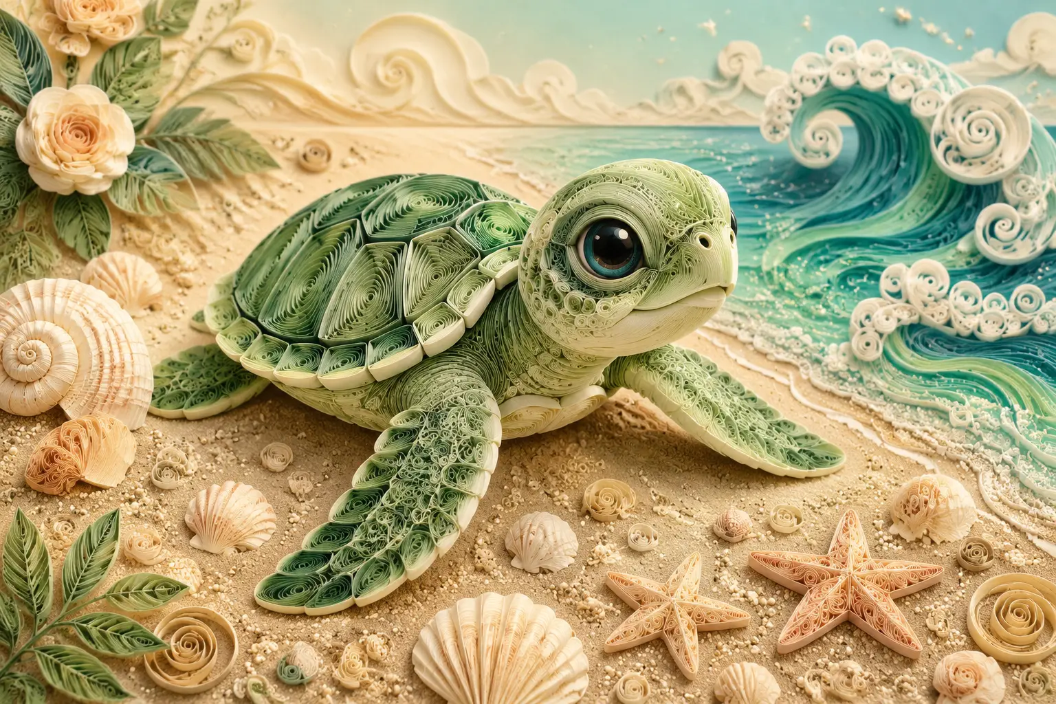 Bébé tortue de mer en quilling de papier sur plage de sable doux