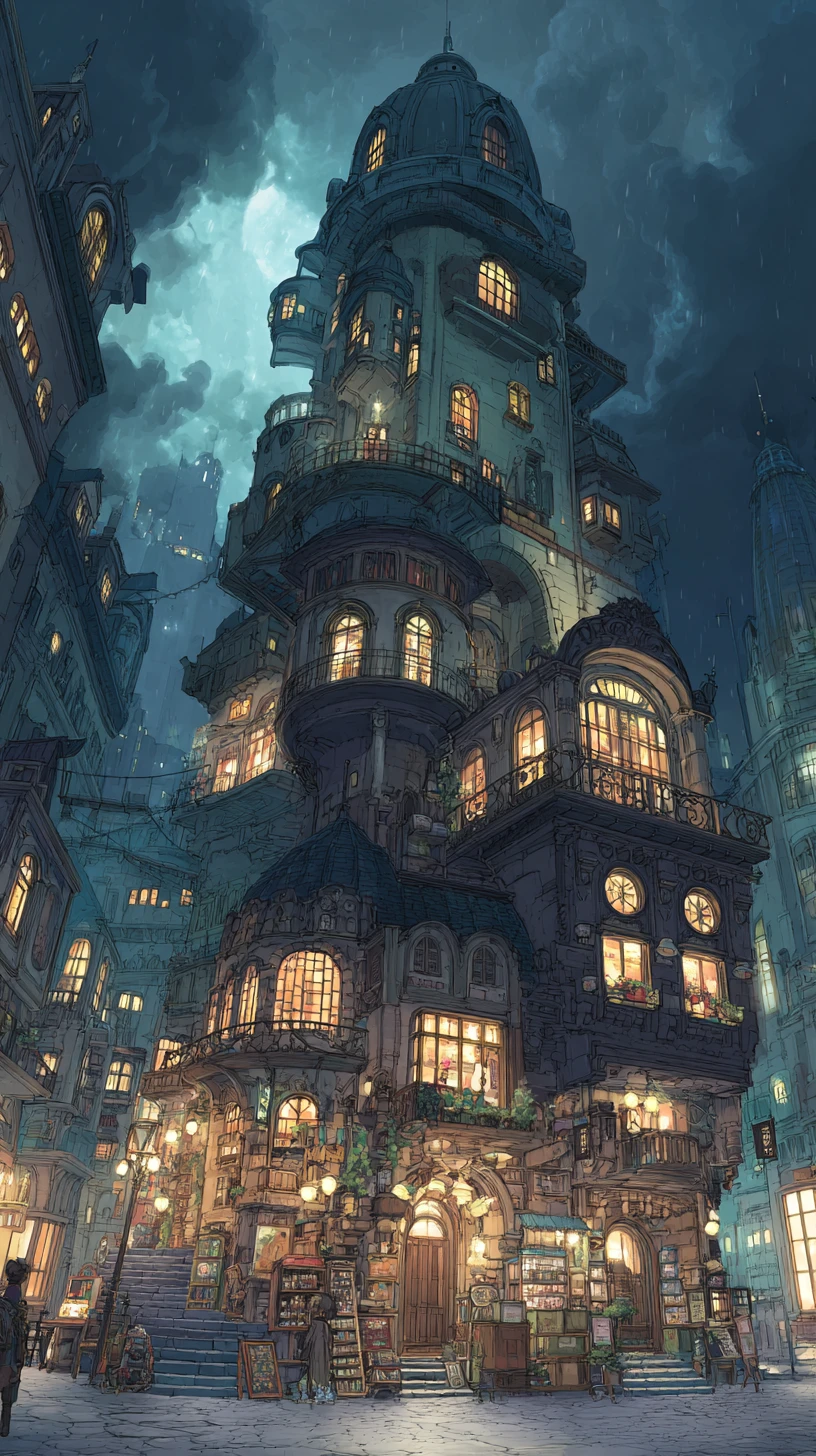Detaillierte Fantasy-Stadtillustration mit stimmungsvoller Beleuchtung