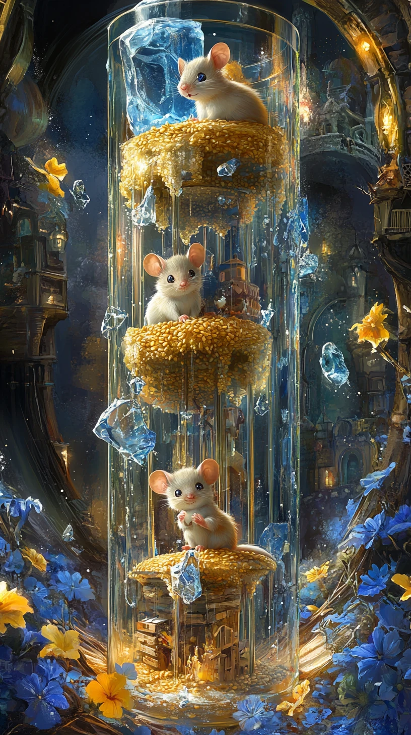 Dois ratinhos felizes morando em uma alta casa de tubo de vidro