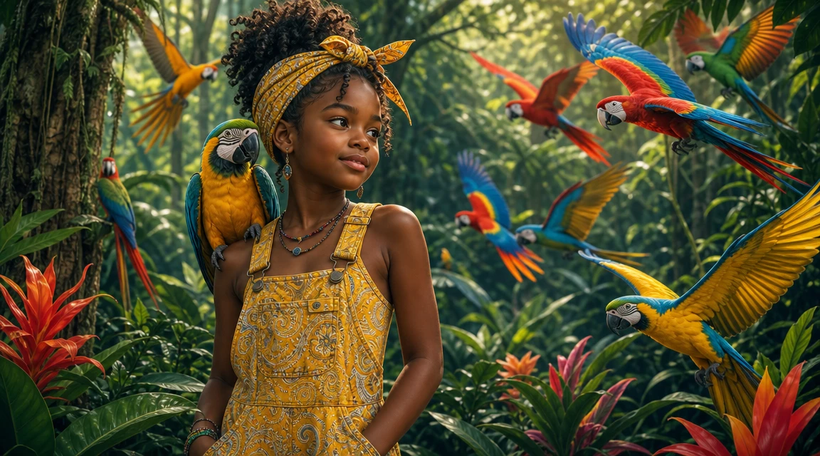 Jeune fille avec des perroquets dans une luxuriante jungle amazonienne