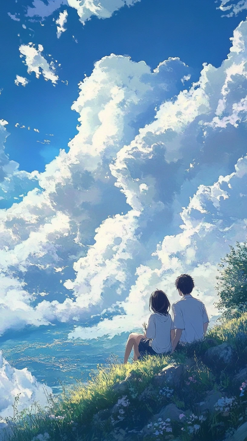 Casal de anime sentado junto em uma montanha sob as nuvens