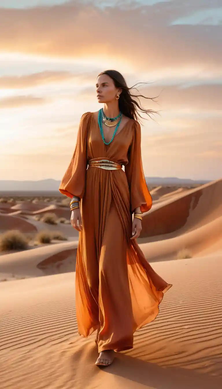 Femme en robe fluide au coucher du soleil dans le désert
