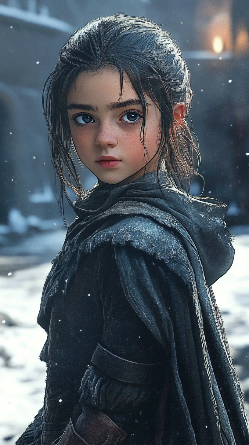 Ragazza anime con cucciolo di lupo davanti a un castello invernale