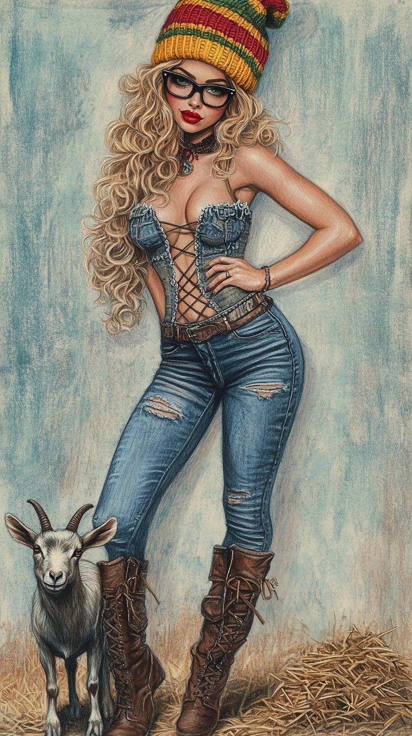 Mulher pin-up loira e curvilínea com cabra em arte de lápis de cor