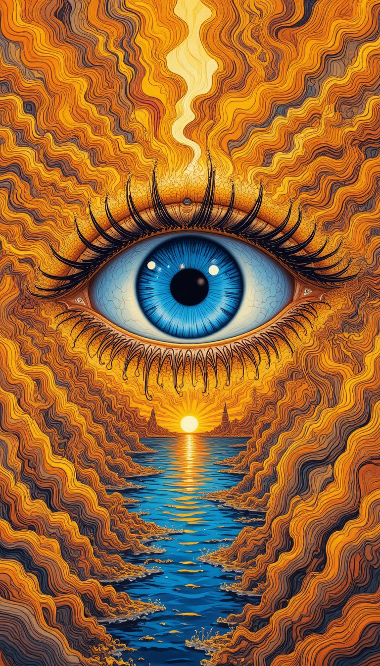 Olho azul surreal em close-up com padrões abstratos flamejantes
