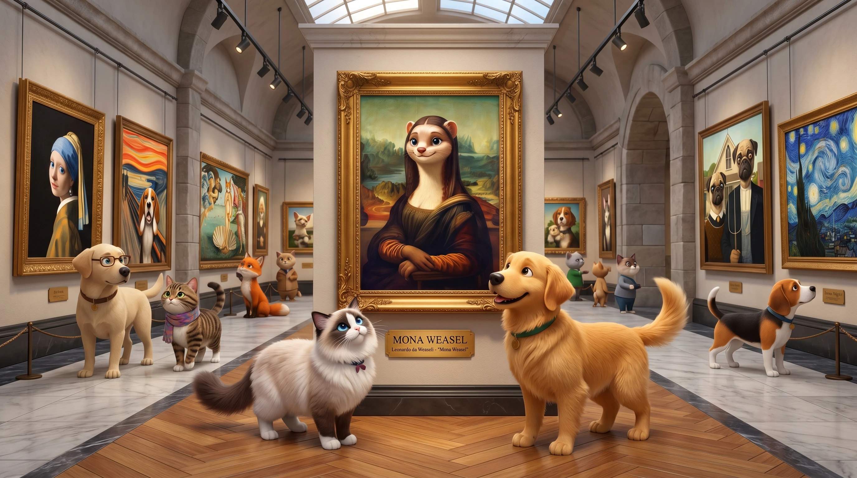 Gato ragdoll e golden retriever apreciando arte de animais