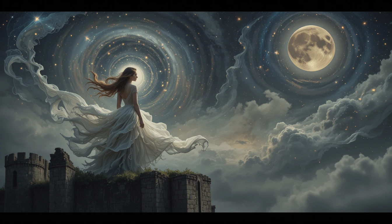 Femme éthérée sur le rempart d’un château sous un ciel cosmique tourbillonnant