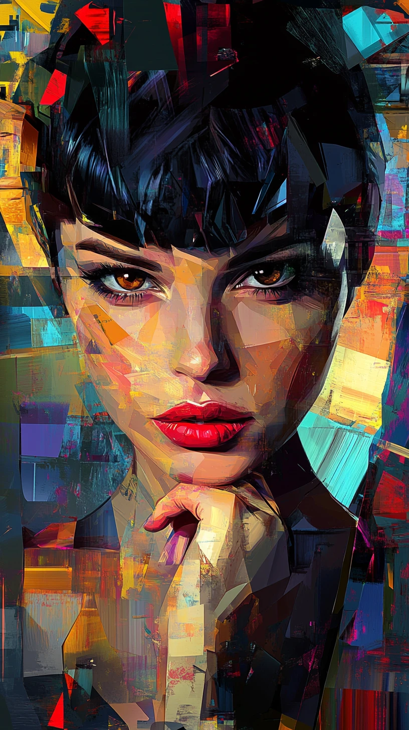 Retrato en bloques de color de una mujer segura de sí en estilo abstracto