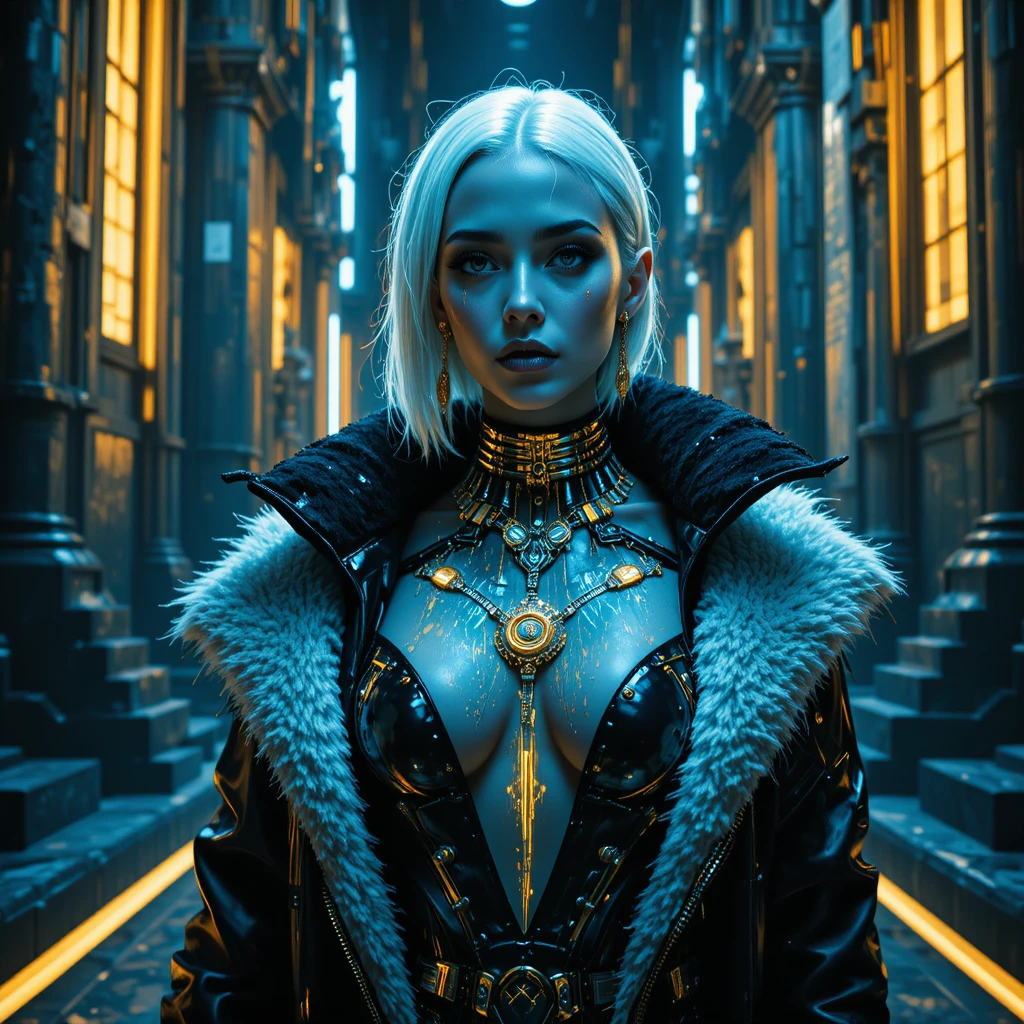 Retrato de mulher cyberpunk em iluminação brutalista de estúdio