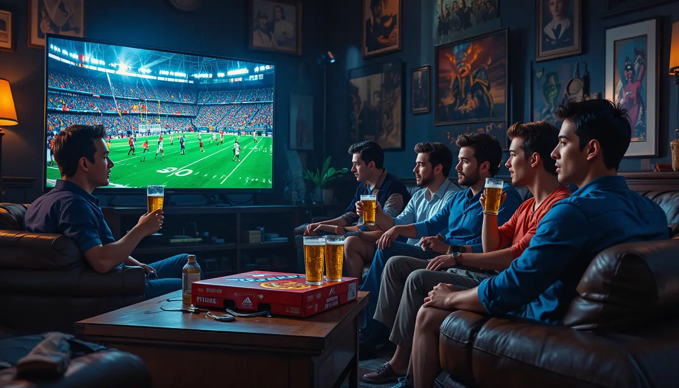 Friends drinking beer on a couch watching football together