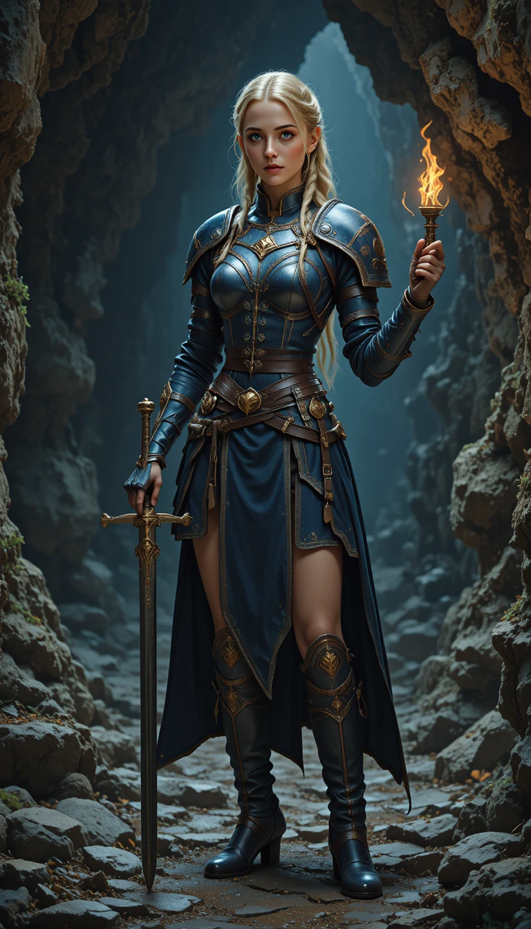 Elf warrior woman holding sword and torch in cave