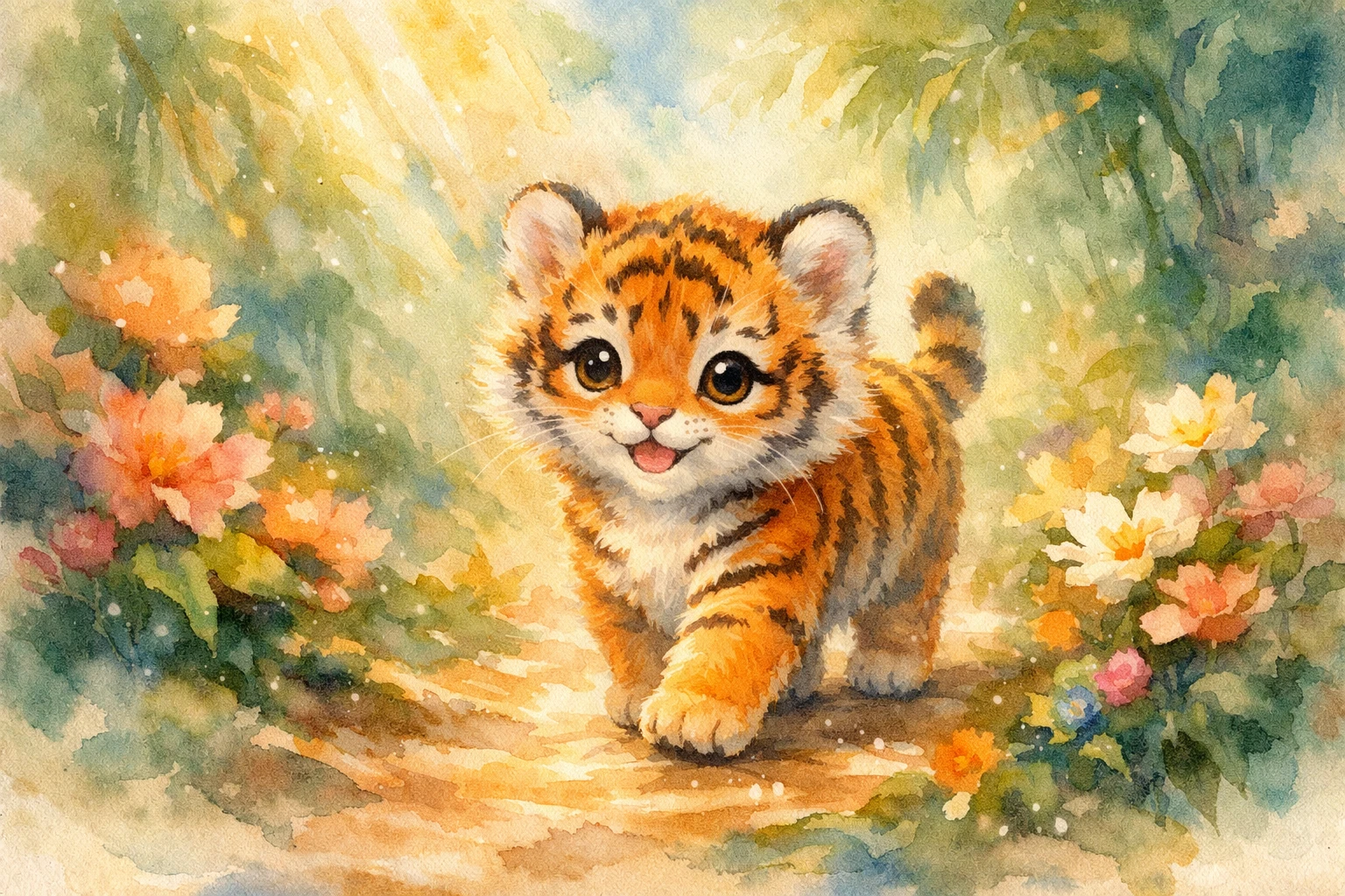 Aquarell-Baby-Tiger auf einem traumhaften Dschungelpfad