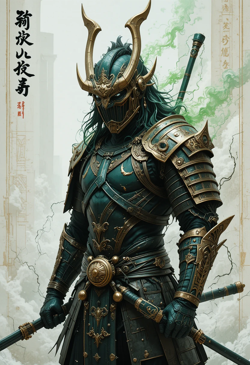 Samurai demone dark fantasy con armatura ornata illustrazione