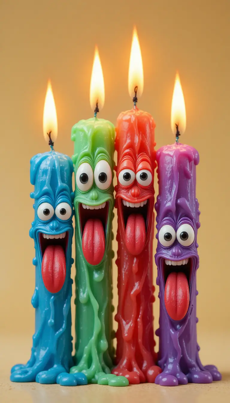 Bougies colorées façon cartoon avec visages amusants et flammes