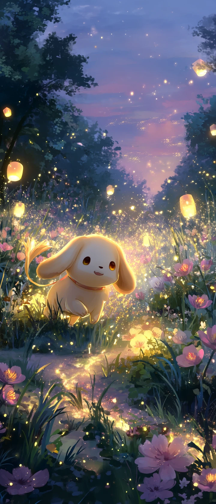 Dolce cucciolina ragazza anime che corre in un prato al crepuscolo
