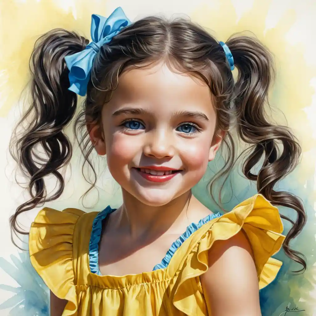 Jeune fille souriante aux longs cheveux bouclés en robe jaune