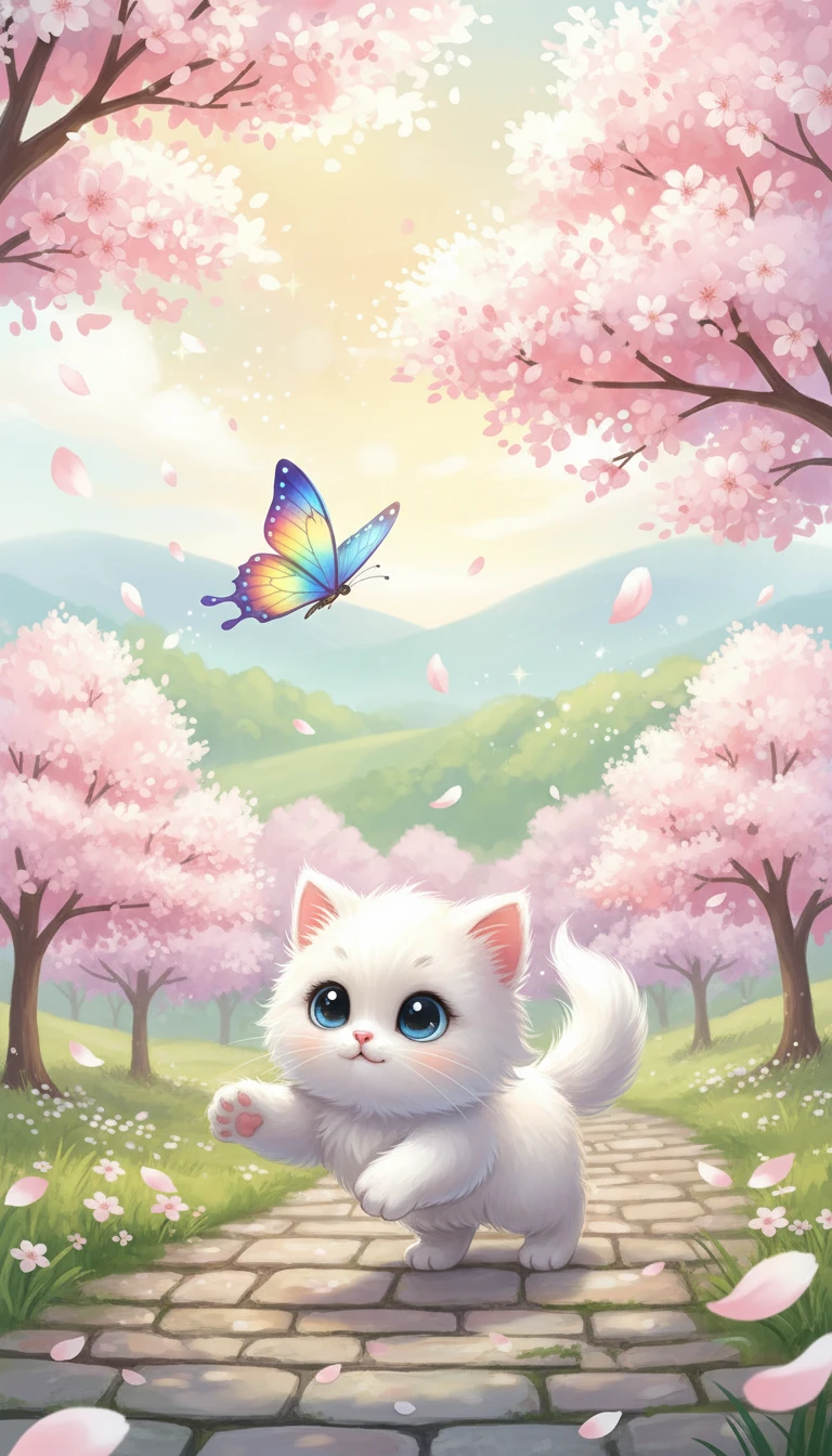Adorable chaton blanc de dessin animé poursuivant un papillon sur la route
