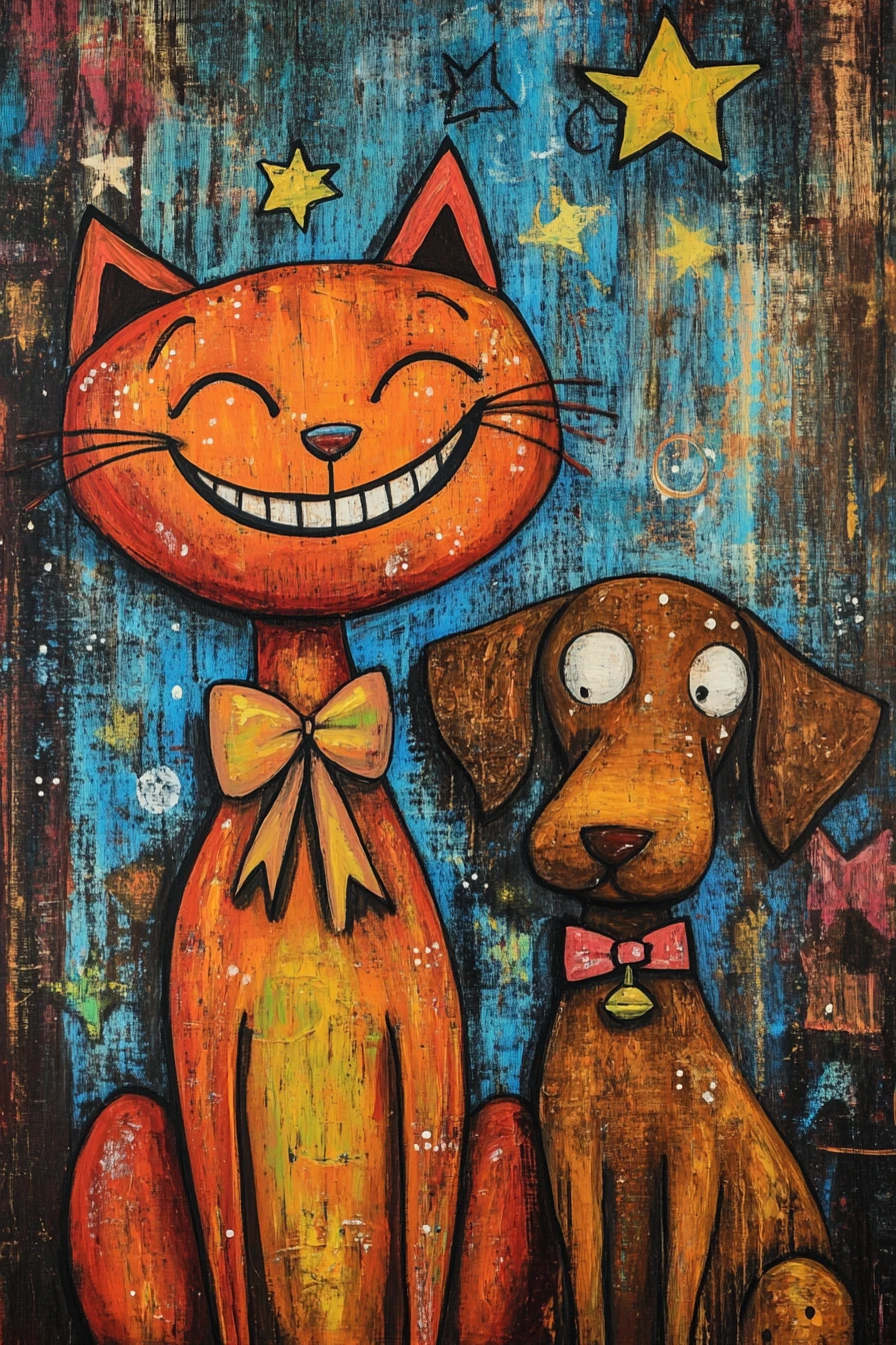 Verspielte orangefarbene Katze und Hund in einem sternenklaren Fantasie-Gemälde