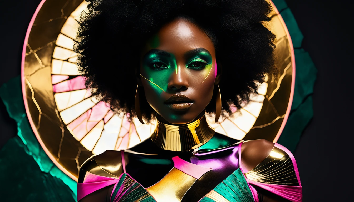 Retrato surreal de uma mulher afro-americana com rosto de porcelana rachada