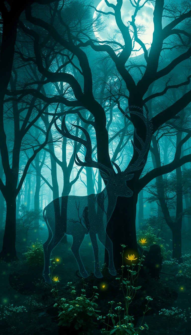 Silhouette mystique de cerf fusionnée avec une forêt lumineuse au clair de lune