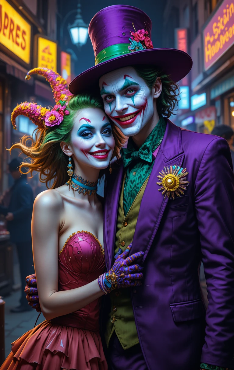 Casal de palhaços com ternos roxo e verde explorando a cidade