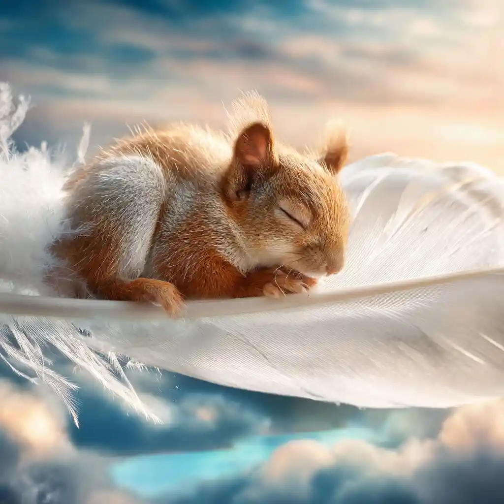 Pequeña ardilla bebé durmiendo sobre una pluma blanca en el cielo