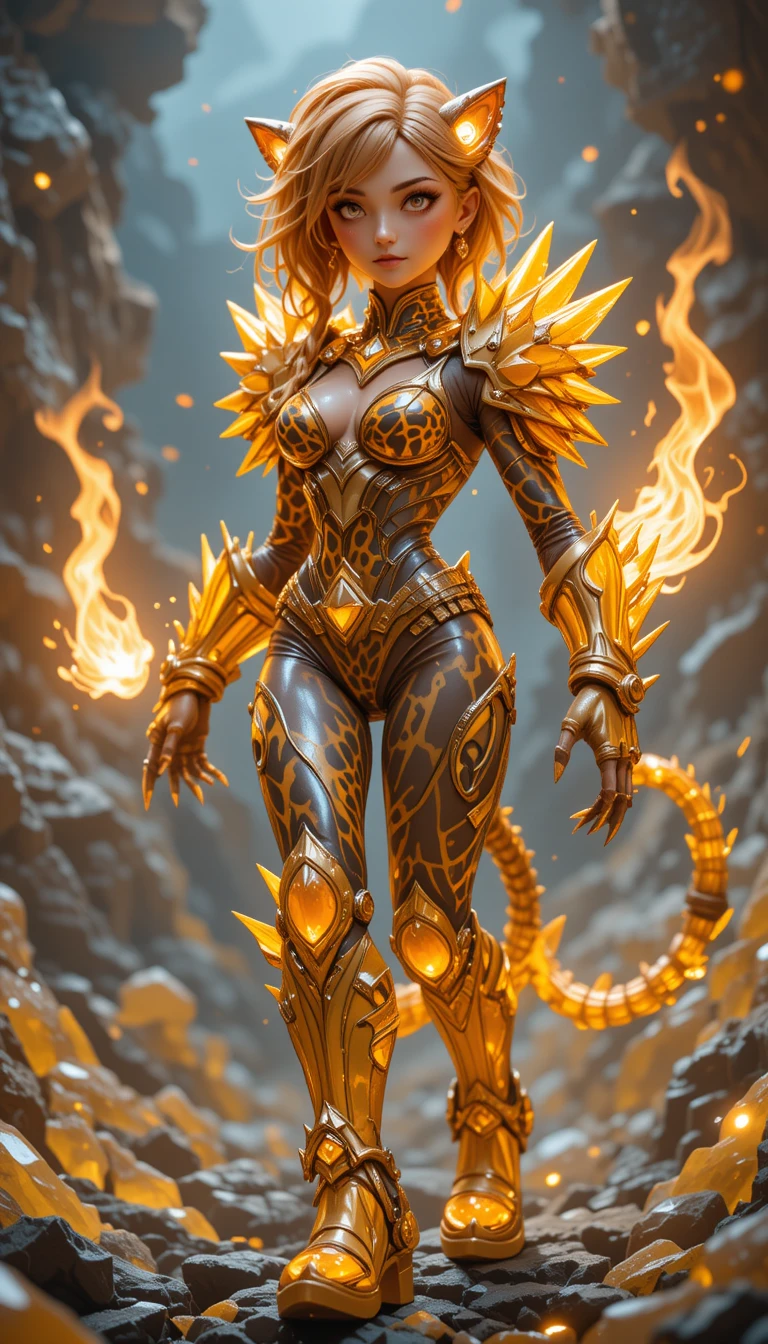 Leopard warrior woman in glowing crystal armor