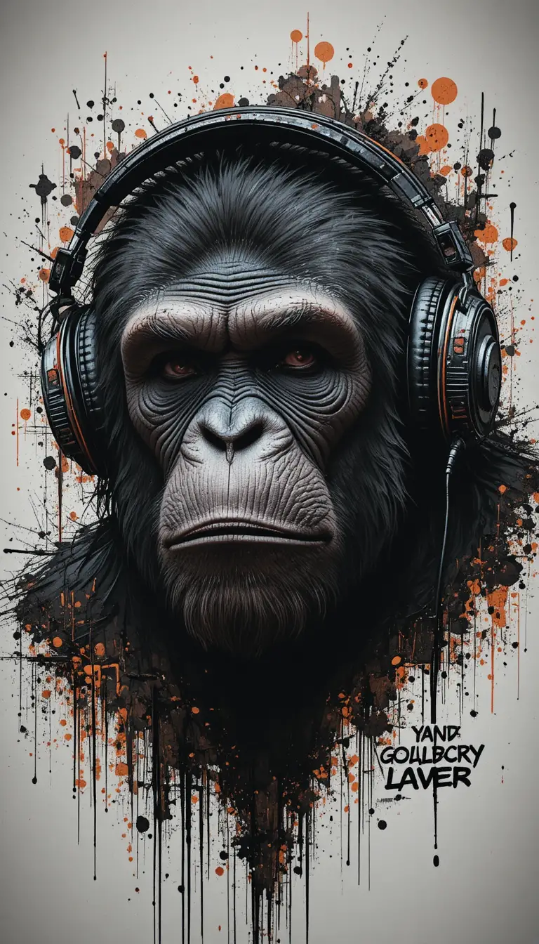 Urban ape portrait with headphones and graffiti textures