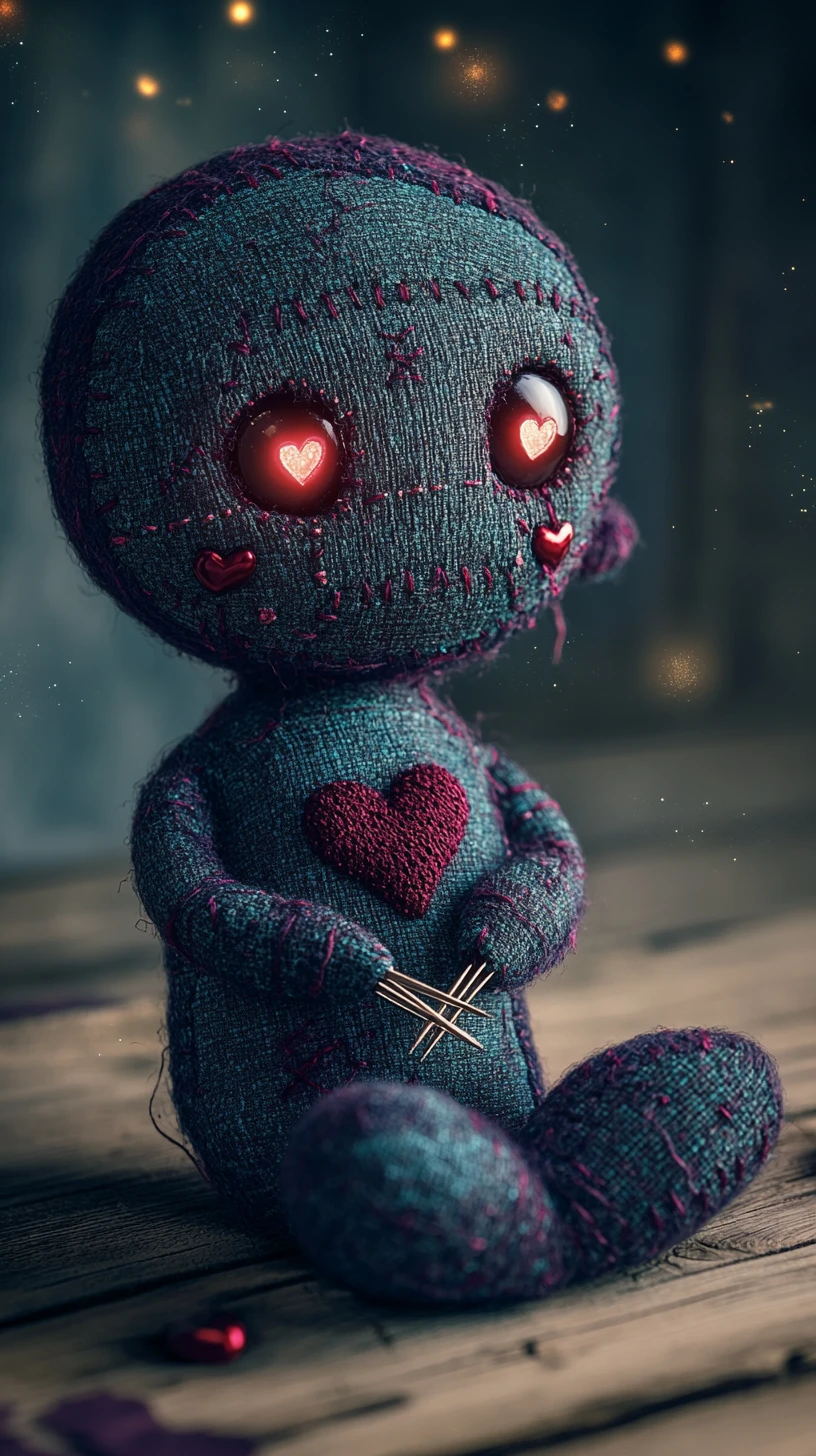 Creepy cute stitched doll with glowing button eyes
