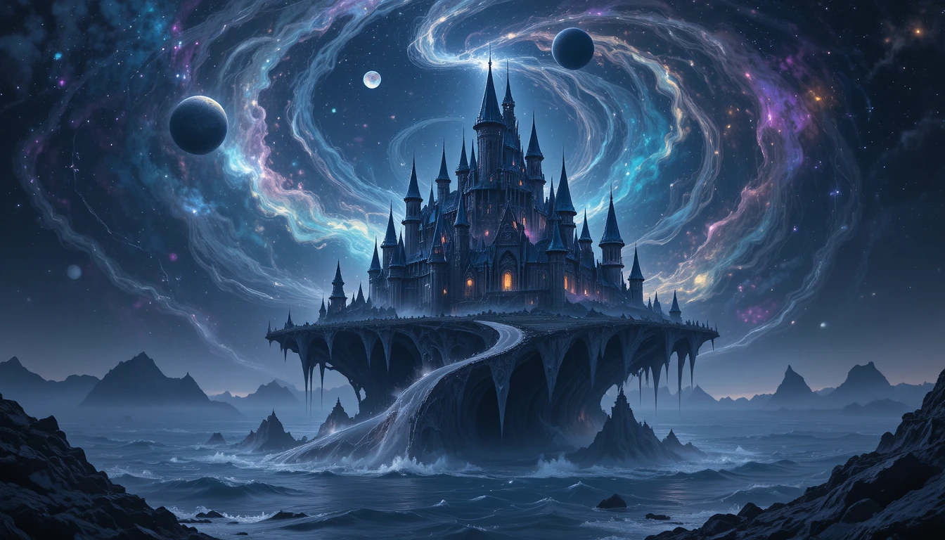 Castelo de obsidiana flutuante entre nebulosas cósmicas luminosas