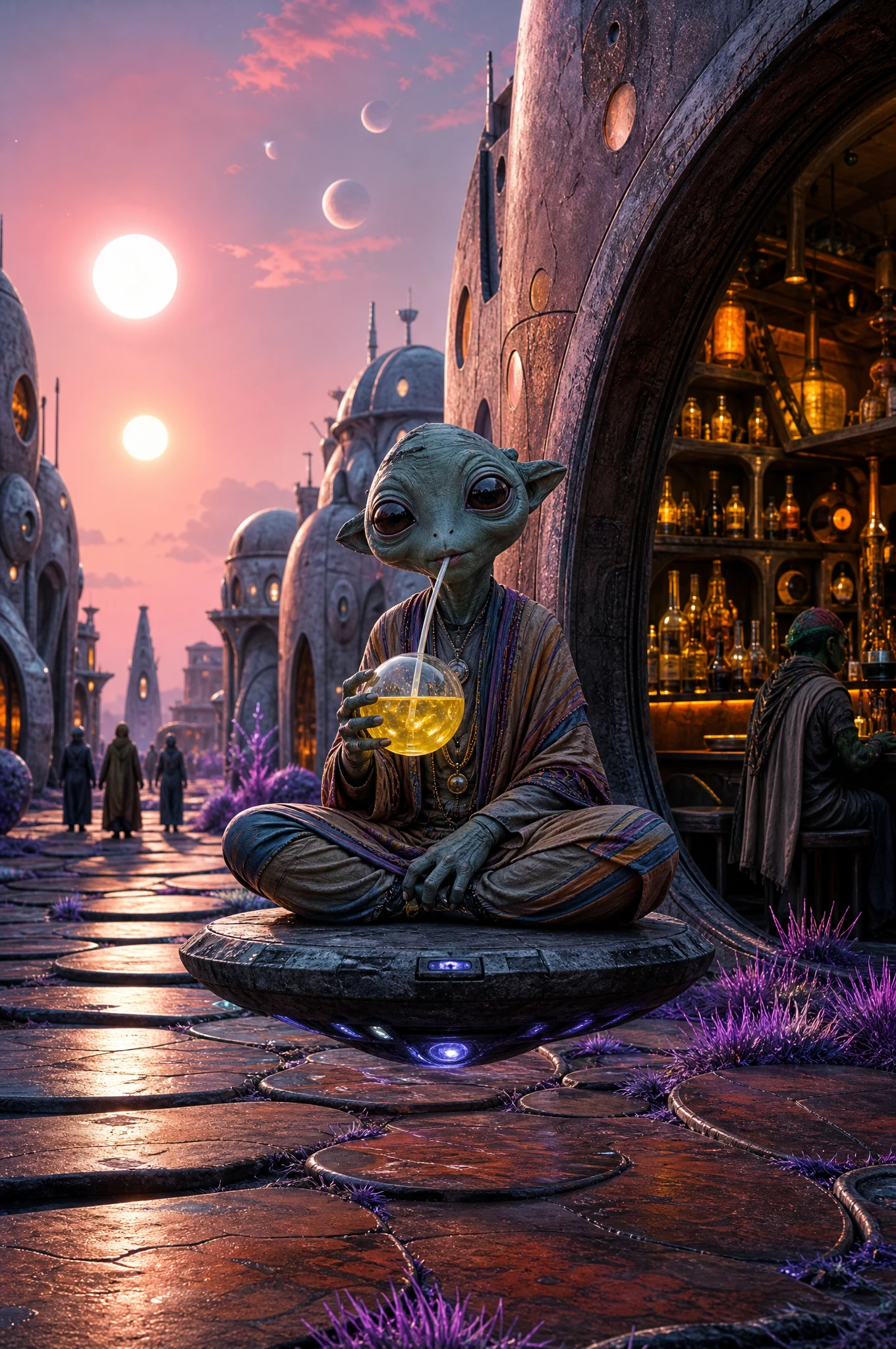 遙遠科幻城市酒吧中的漂浮外星來賓
