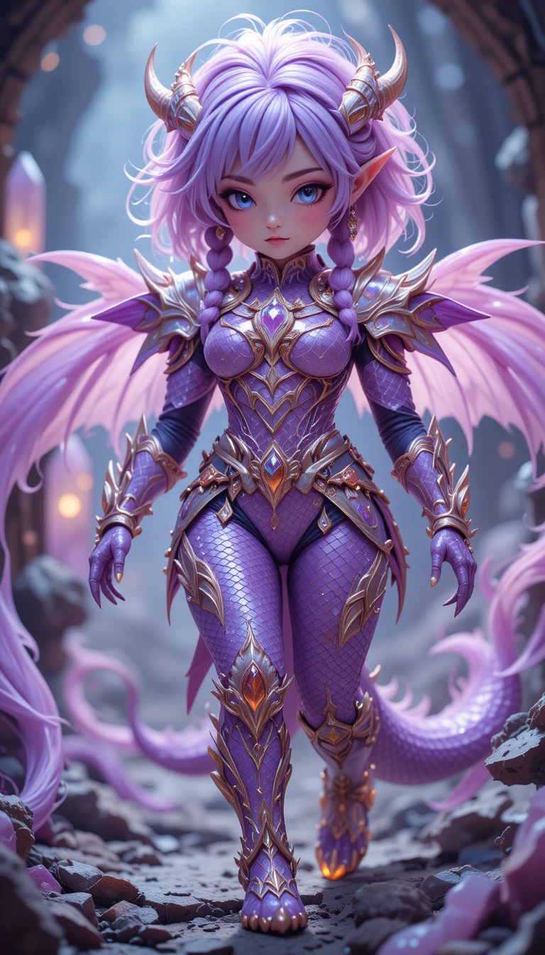 水晶洞窟の虹色のハーフドラゴンエルフ戦士