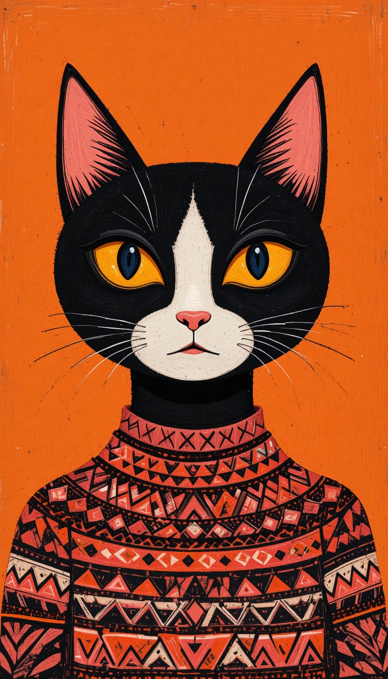 Geometric folk art portrait of a split face bicolor cat