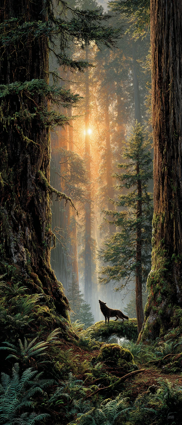 Lobo solitário uivando em uma antiga floresta de sequoias iluminada pelo sol