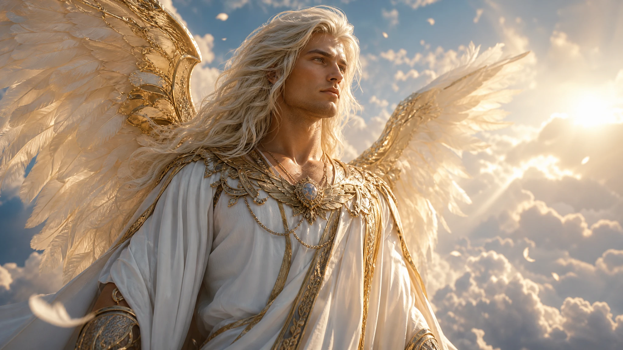 Anjo masculino sereno sobre nuvens brilhantes em luz dourada